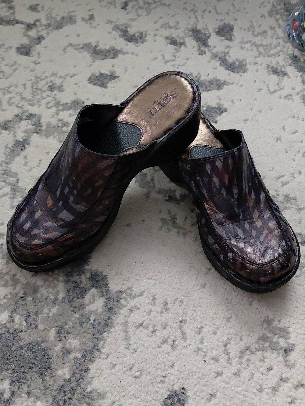 Born Brown Patterned Leather Slip-On Clogs